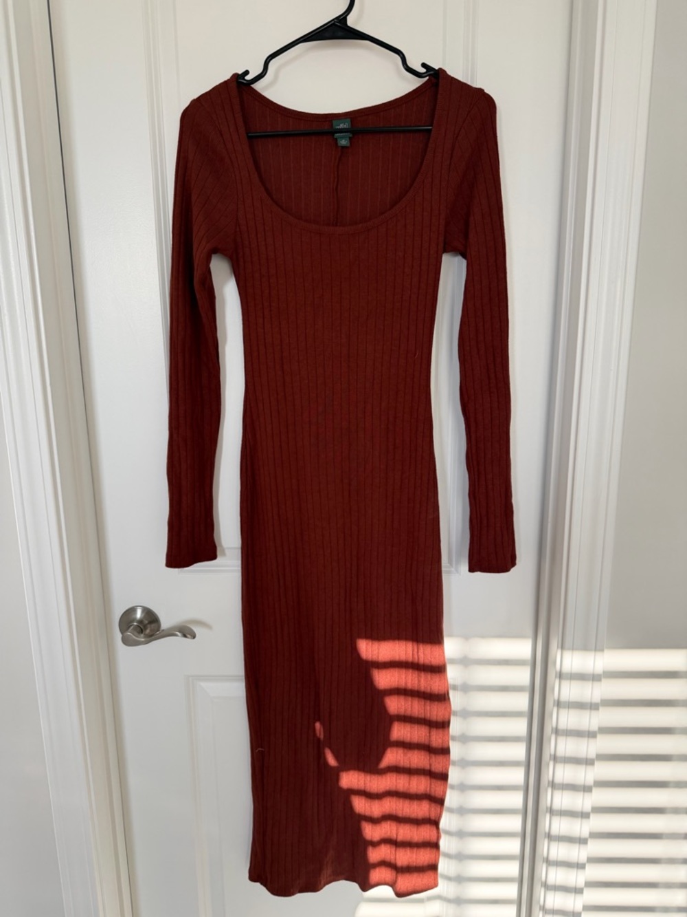 Ribbed Long Sleeve Scoop Neck Dress - Rust